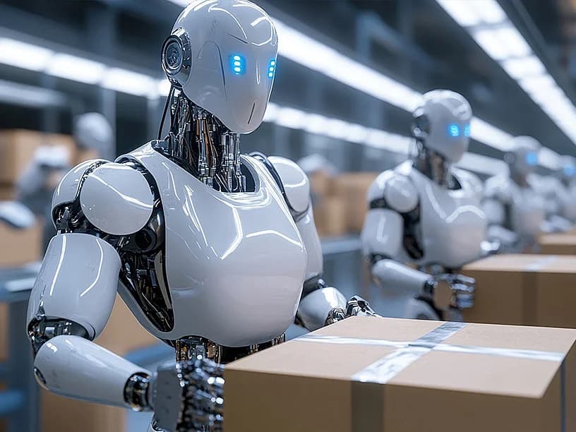 Robots humanoides de ojos azules manipulando cajas de cartón en una línea de almacén, como ilustración de la IA física en funcionamiento