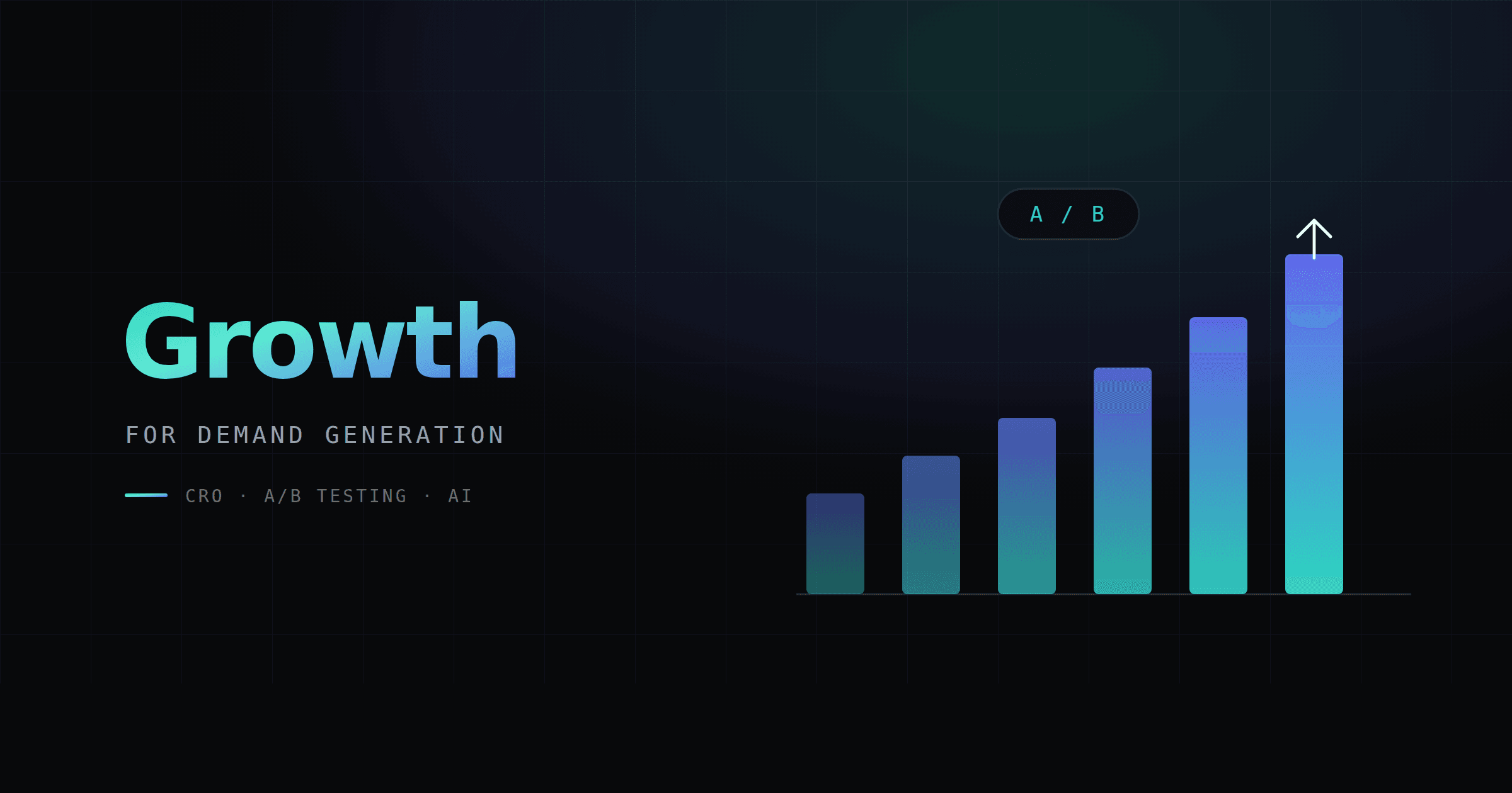 Portada estilo blueprint oscura: un gráfico de barras ascendente con una flecha de mejora y una etiqueta de test A/B, con el texto Growth para generación de demanda